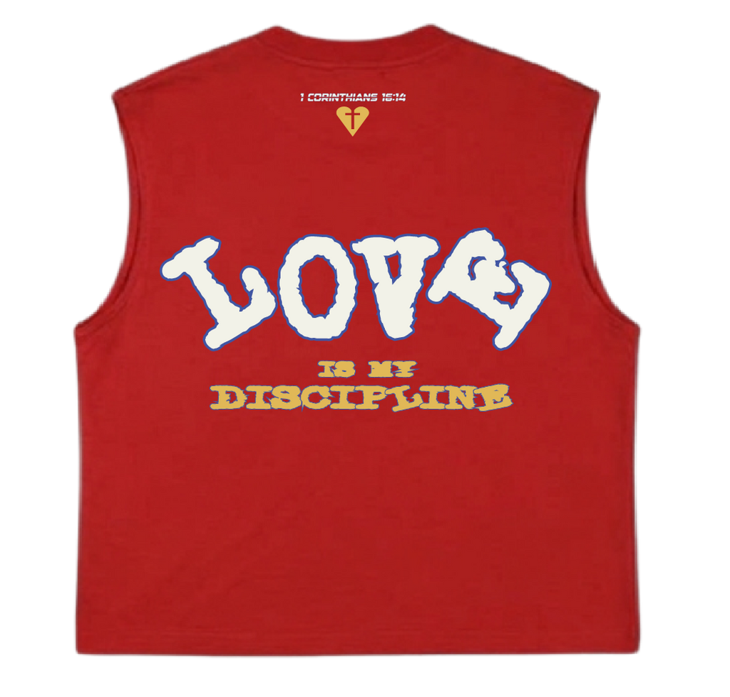 Camiseta roja PUNTOD sin mangas, Love Is My Discipline, vista trasera