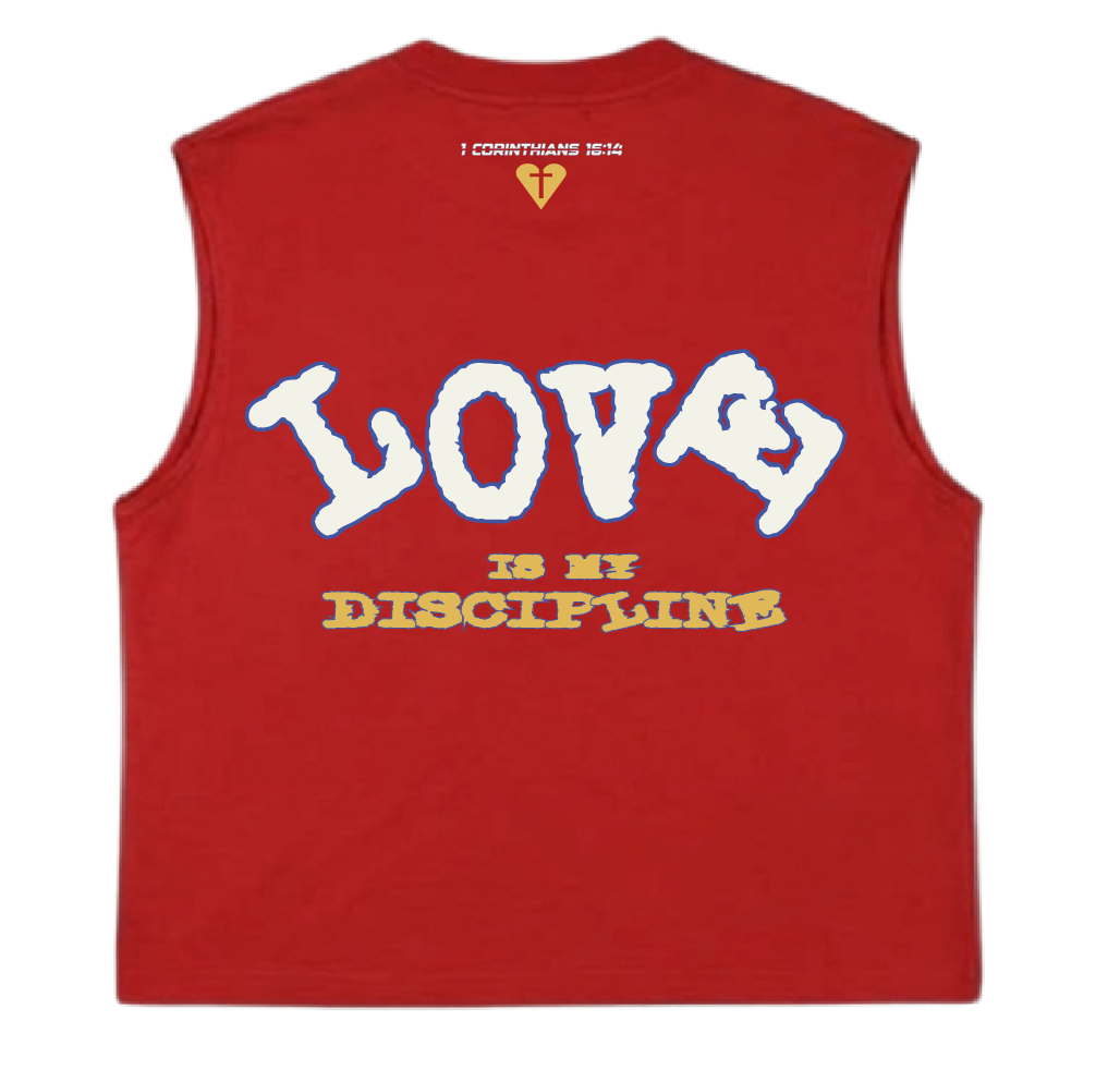Camiseta roja PUNTOD sin mangas, Love Is My Discipline, vista trasera