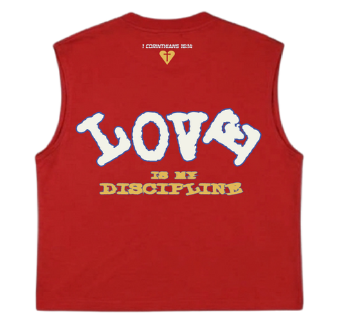 Camiseta roja PUNTOD sin mangas, Love Is My Discipline, vista trasera