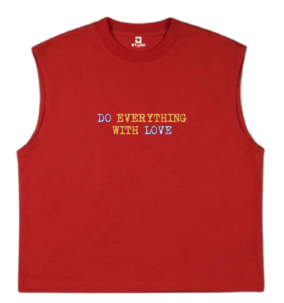 Camiseta roja PUNTOD sin mangas, Do Everything With Love, vista frontal