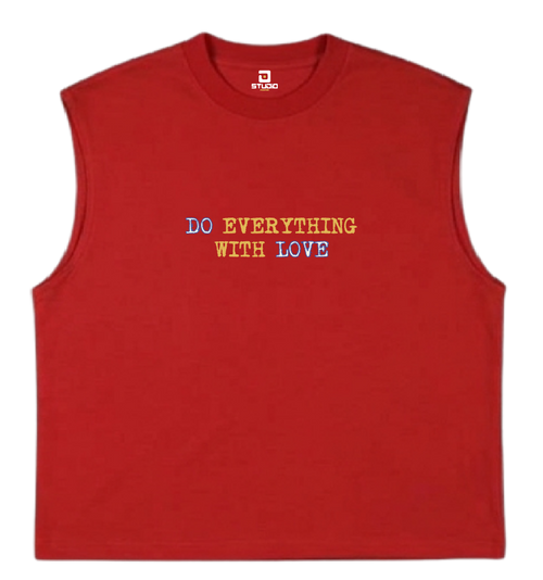 Camiseta roja PUNTOD sin mangas, Do Everything With Love, vista frontal